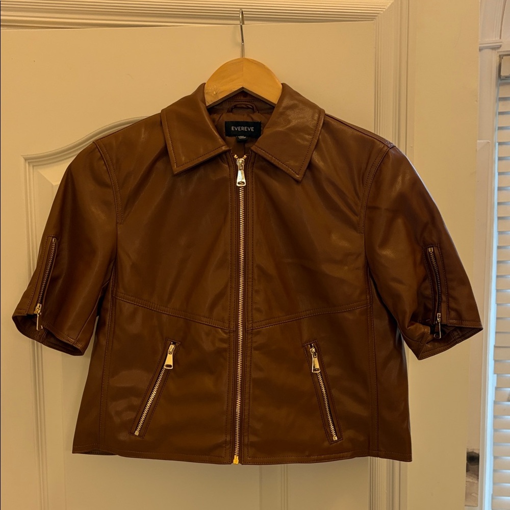 Evereve Billie brown Tan short sleeve moto Leather Jacket XS